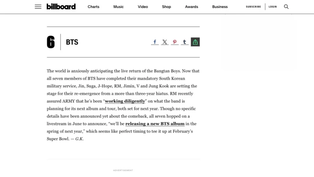 Billboard BTS 2026